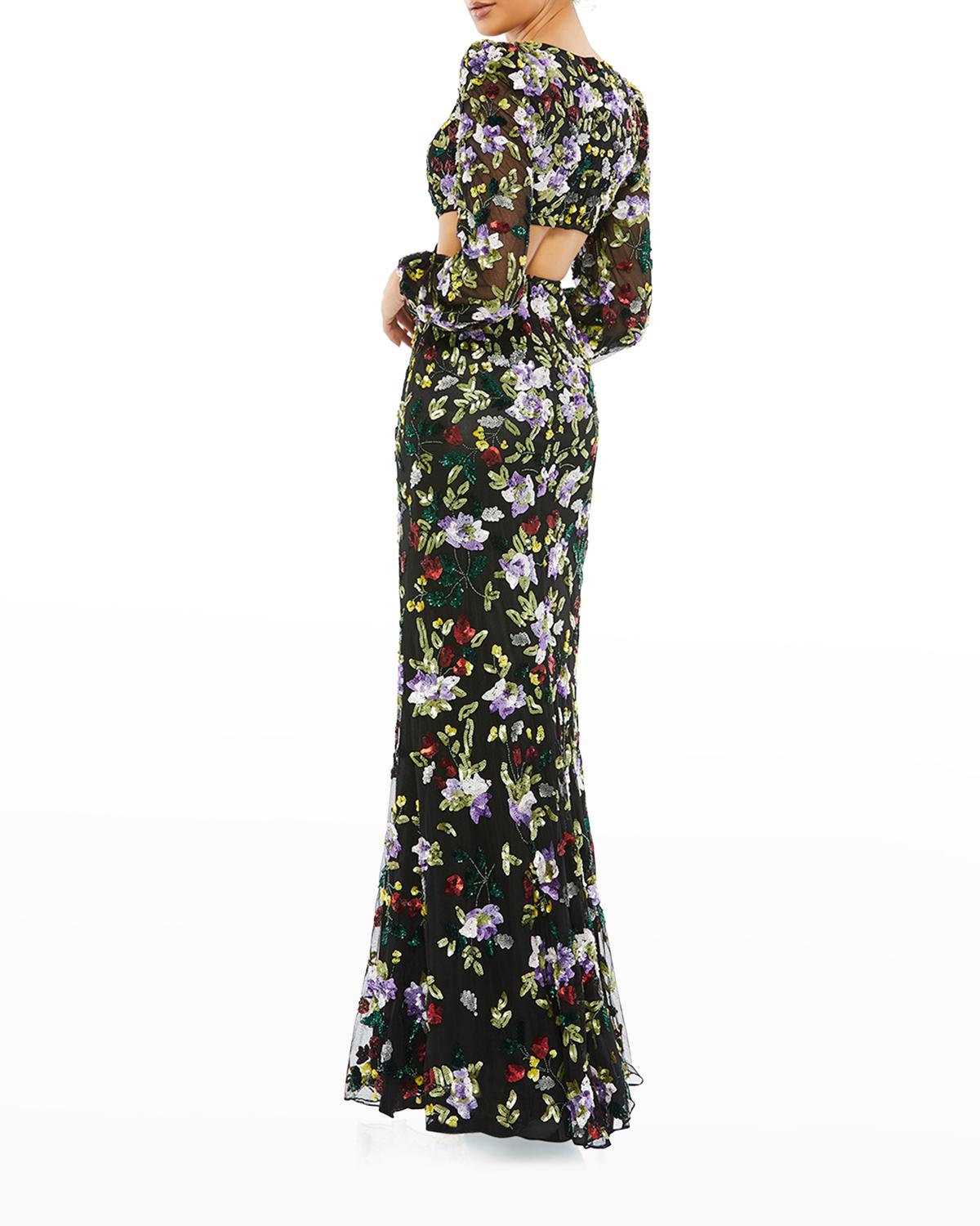 Floral Beaded Long-Sleeve Cutout Gown