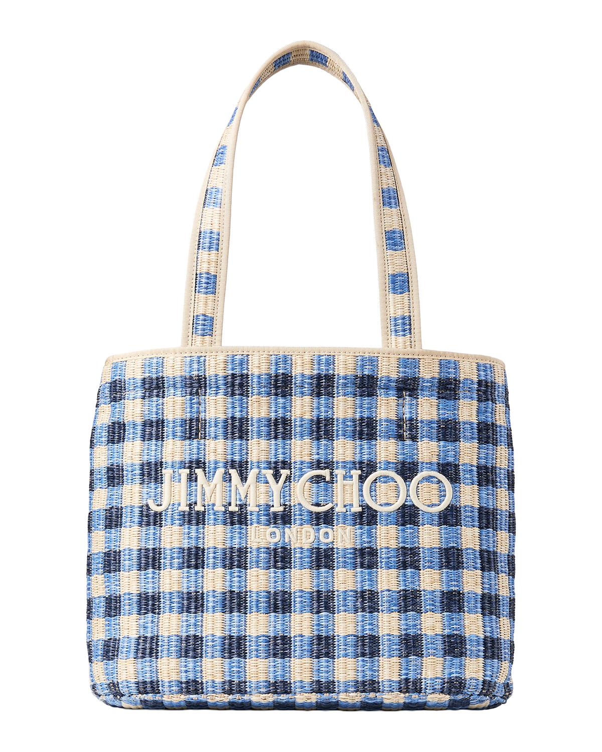 Embroidered Gingham Raffia Mini Beach Tote Bag